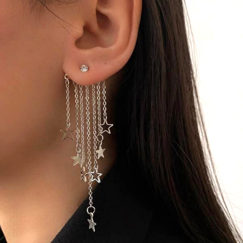 Star Earrings  Dangle Hypoallergenic Removable Jacket Dangles Silver Chains New